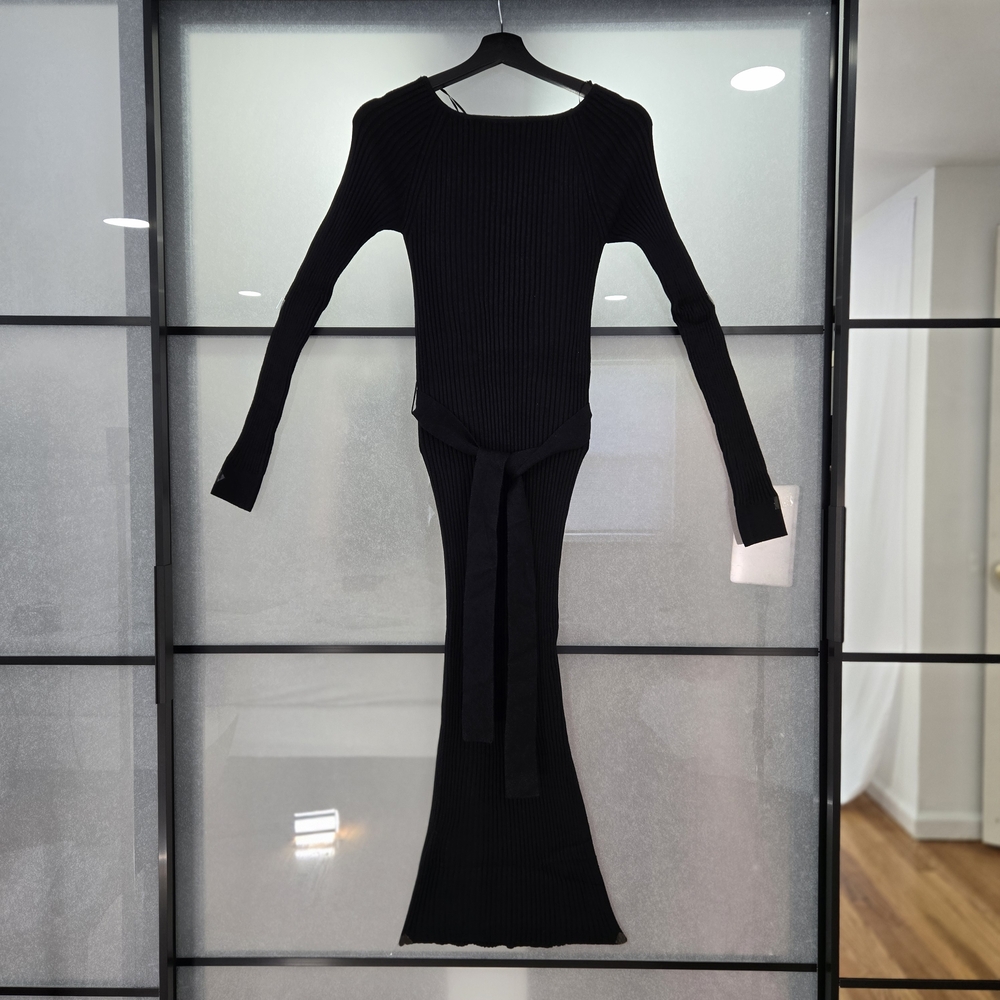 Mango Black Ribbed Long Sleeve Belted Midi Dress Elegant Bodycon Size 6